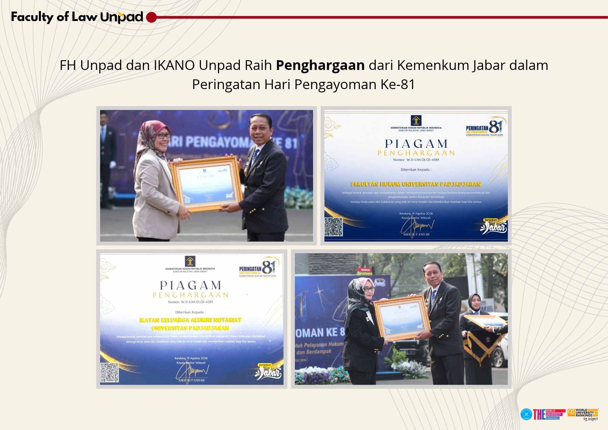 FH Unpad dan IKANO Unpad Raih Penghargaan dari Kemenkum Jabar dalam Peringatan Hari Pengayoman Ke-81