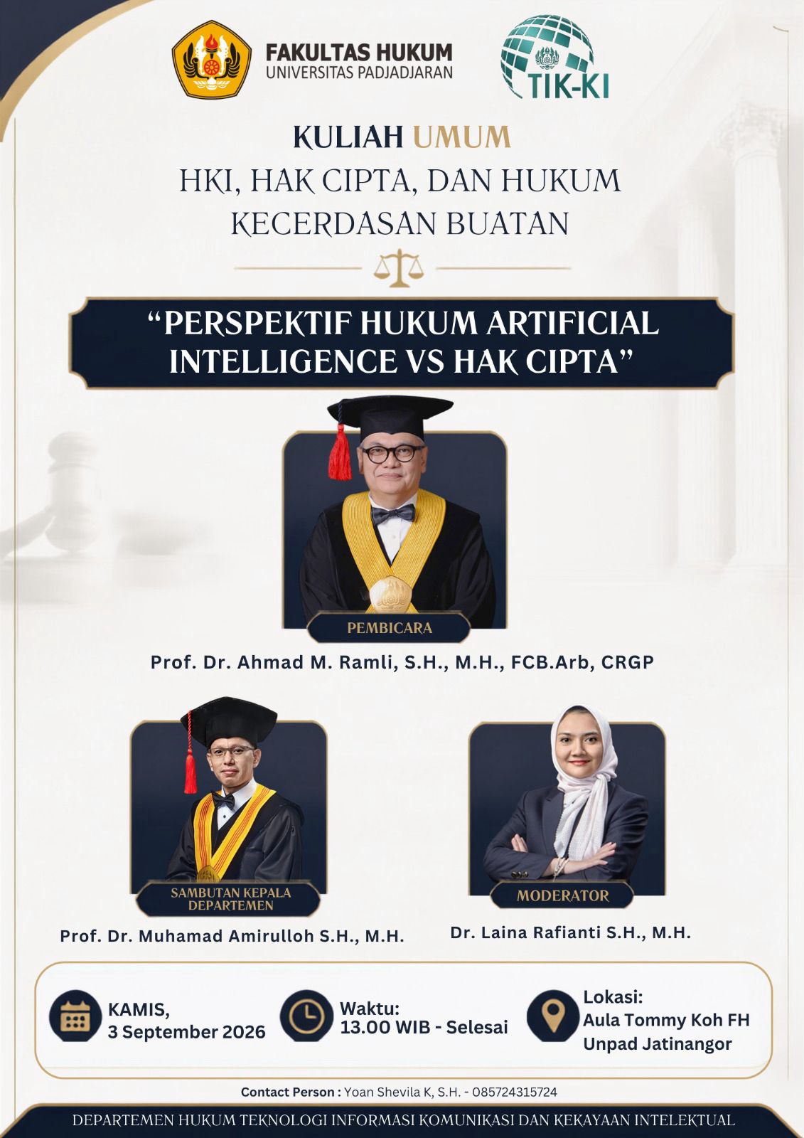 Kuliah Umum HKI, Hak Cipta dan Hukum Kecerdasan Buatan: Perspektif Hukum Artificial Intelligence Vs Hak Cipta
